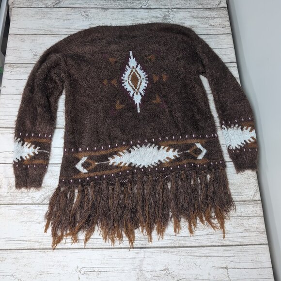 Powder River Outfitters by Panhandle Women's Brown Aztec Fringe Sweater Size L - Picture 5 of 5